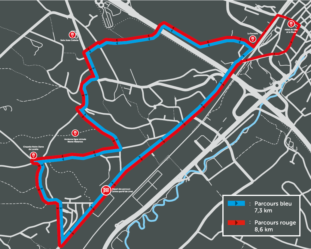 Tracé parcours Access-i bleu rouge panneau départ
