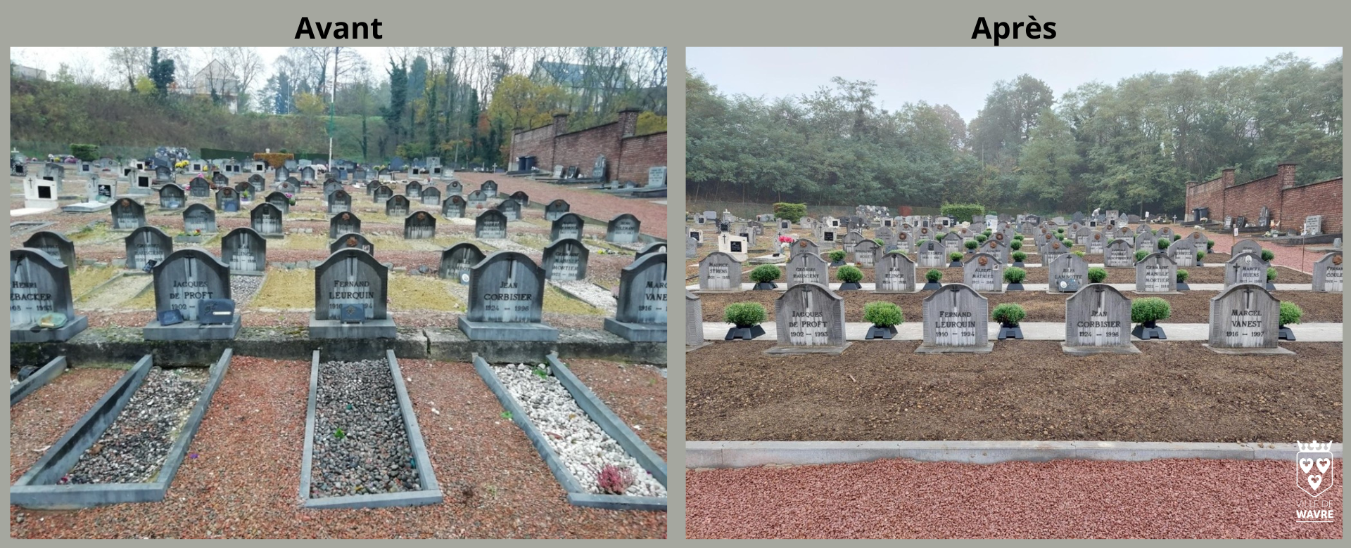 Avant après pelouse d'honneur cimetière Limal